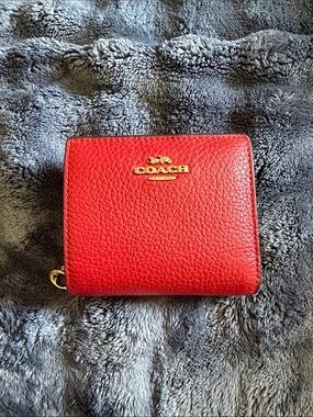 Coach Red Pebbled Leather Small Zip Around Wallet with Gold Logo